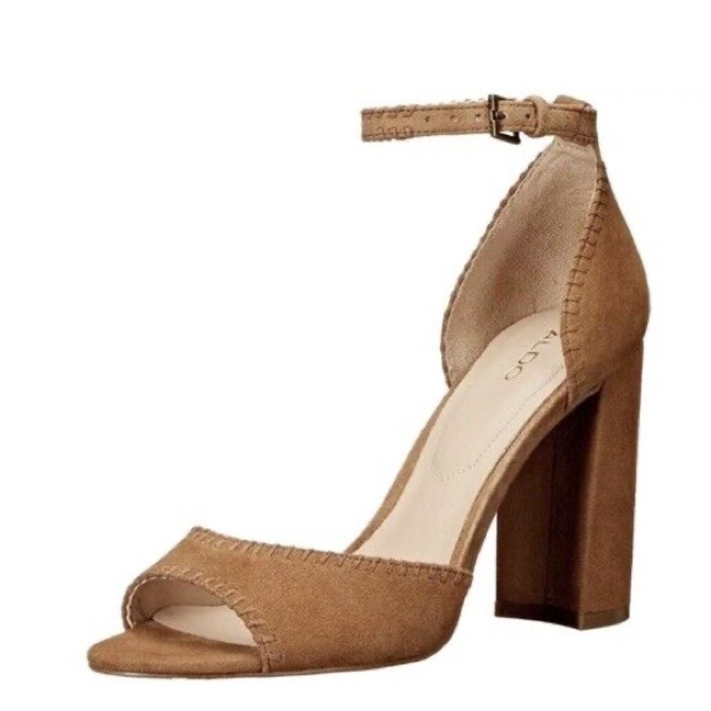 Aldo Elvyne Cognac Brown Leather Suede Open Toe Heels